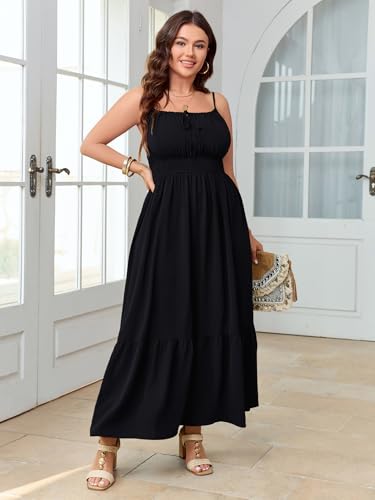 Image of SCOMCHIC Plus Size Summer Boho Dresses Spaghetti Strap Sleeveless Casual Sundress Smocked Flowy Slit Beach Maxi Dress