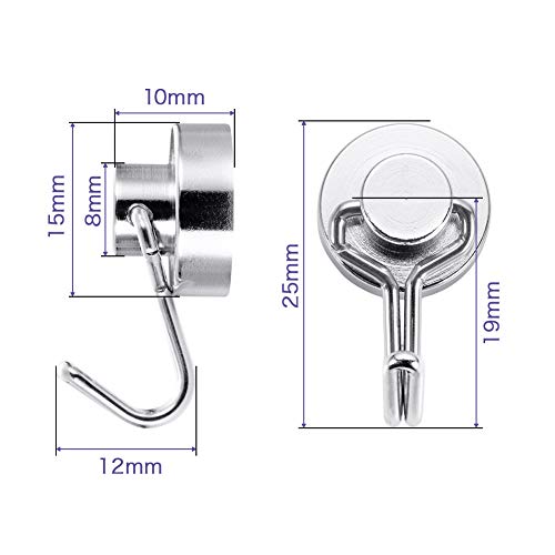 BTLIN Magnethaken Mini, Stark Neodym Magnete mit Klein Haken, Vertikale Tragfähigkeit 8KG Geeignet für Küchen Büro 12Stück