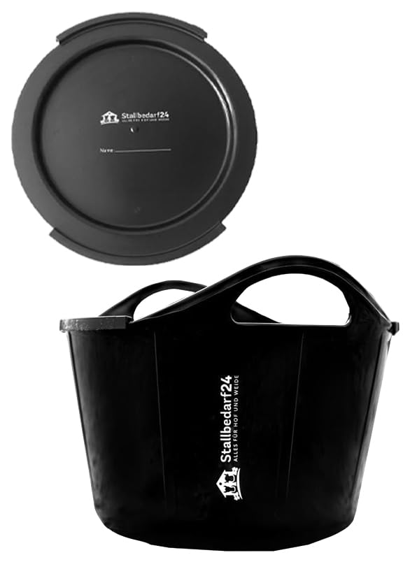 STALLBEDARF24® Flexischale 17 L – Futter- & Wasserschale aus lebensmittelechtem Kunststoff mit Tragegriffen, stapelbar & hygienisch – schwarz (mit Deckel)