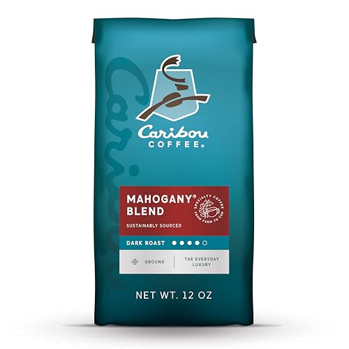 Caribou Coffee, Mahogany Dark Roast, 12 oz. Bag, Dark Roast Blend of El Salvador, Sumatra, & Guatemala Coffee Beans, Earthy, Dark, & Bold, with A Raw Sugar Finish, Arabica Coffee; Sustainable Sourcing