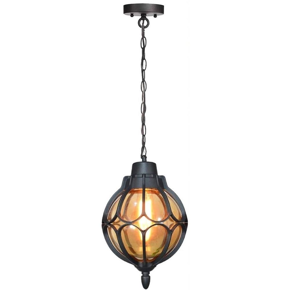 BLOOHK Industrial Amber Globe Pendant Light with Metal Cage, Rustic Farmhouse Hanging Chandelier, Nautical Lantern for Foyer, Entryway, Kitchen Island, Bar(Black,18CM)
