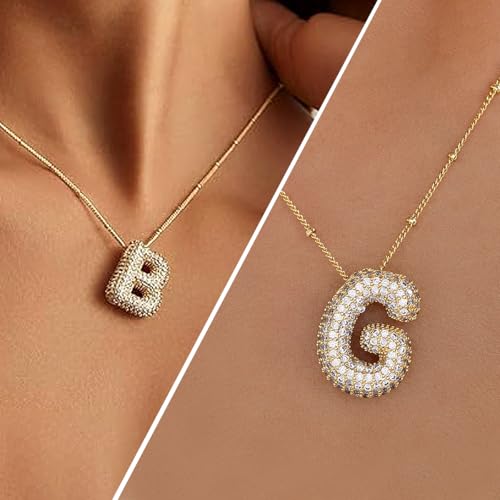 18k Gold Plated Dainty Cubic Zirconia Bubble Alphabet 26 A-Z Letter Necklace, Personalized Name Necklace,Balloon Initial Necklace for Women Female4