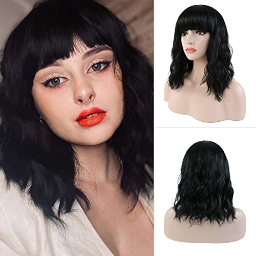 TopWigy Perruque Bob avec franges, perruque synthétique noire à ondes courtes, résistante à la chaleur, cheveux naturels noirs pour femme, perruque de fête quotidienne (14", noir) Cover