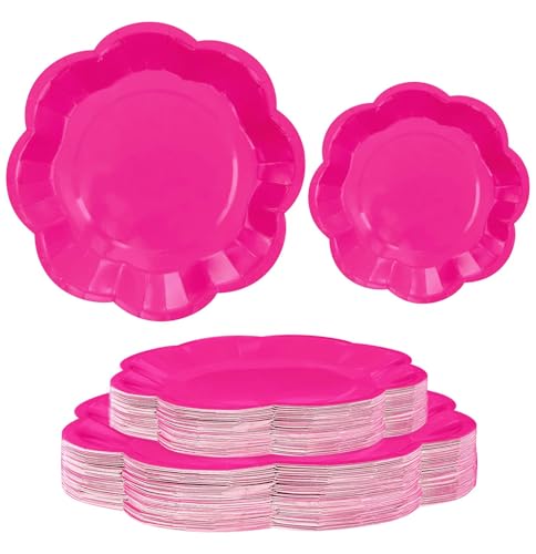 SietDESEO 50 PCS Hot Pink Scalloped Paper Plates 25 x 7 and 25 x 9 Hot Pink Dessert Plates Disposable Dinner Plate for Wedding Baby Shower Birthday Party Scalloped Cake Plate