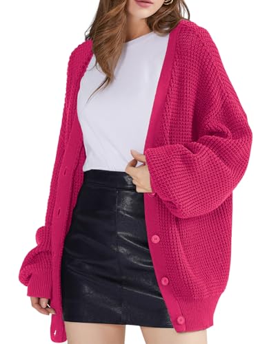 Image of QUALFORT Women's Oversized 100% Cotton Cardigan Sweater | Long Sleeve V Neck Button Down Open Front Knit Outerwear