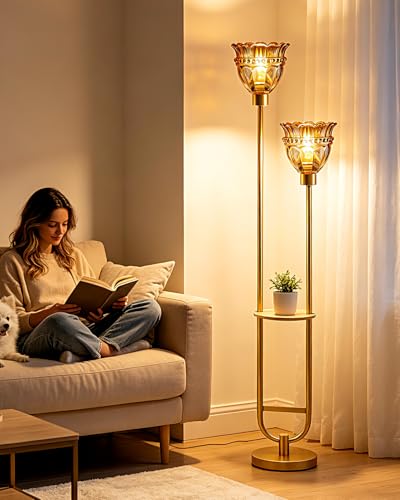 Image of Modern Glass Floor Lamp with Shelf for Living Room 2-Lights Gold Floor Lamp with Amber Glass Shade, Mid Century Standing Tall Lamps with Foot Switch for Bedroom Home Decor (Bulbs Included)