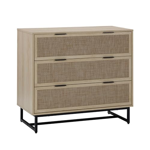 Image of Nathan James Kova 3-Drawer Rattan Dresser or Boheminan Living Room Storage Cabinet with Textiline Rattan Accent and Metal Legs, Light Oak /Black