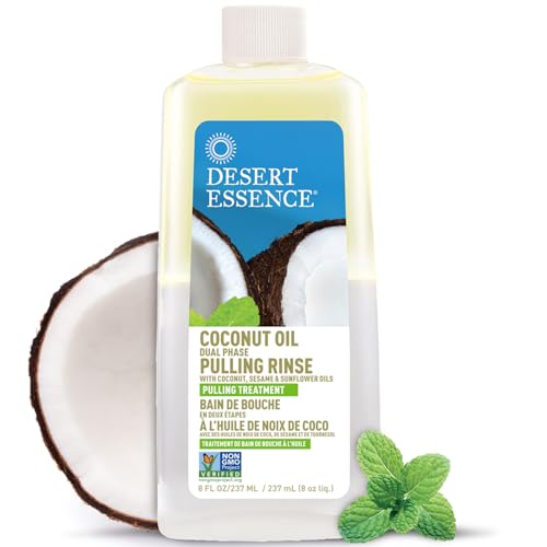 Desert Essence Coconut Oil Dual Phase Pulling Rinse, Mint, 8 fl oz - Alcohol Free, Sugar Free, Gluten Free, Vegan, Non-GMO - Organic Virgin Coconut Oil, Sesame Oil, Sunflower Oil & Tea Tree Oil
