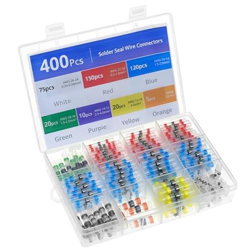 QWORK 400 Teile Lötverbinder Schrumpfverbinder in 7 Größen (26-8 AWG) 3:1 Schrumpfverhältnis Farbcodierte Schmelzverbinder für Elektronik & Fahrzeuge