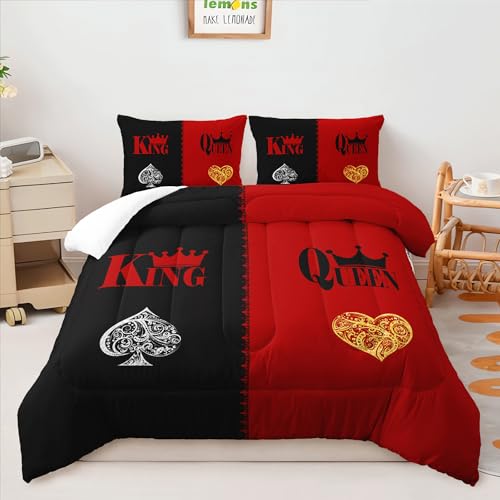 Image of AILONEN Red and Black Comforter Set Queen Size,3-Piece Crown K & Q Printed Couple Bedding Set,Bedroom Decor Soft Microfiber Comforter with 2 Pillowcases