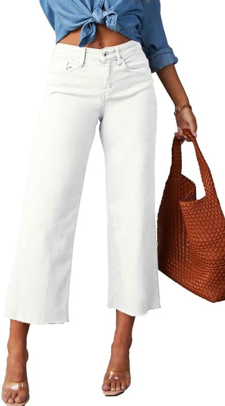 Allimy Women's High Waisted Straight Ankle Wide Leg Ripped Jeans Frayed Hem Stretchy Capri Denim Pants - Image 3