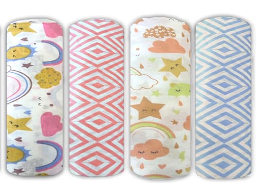 Image of Trance Home Linen Super Ultra Soft 100% Cotton New Born Baby Swaddle Wrap|New Born Babies Soft Pure Cotton Sheets|Ideal Baby Shower Gift|Baby Wrap Set-(100X100 cm, Stars & Clouds)-Pack of 4