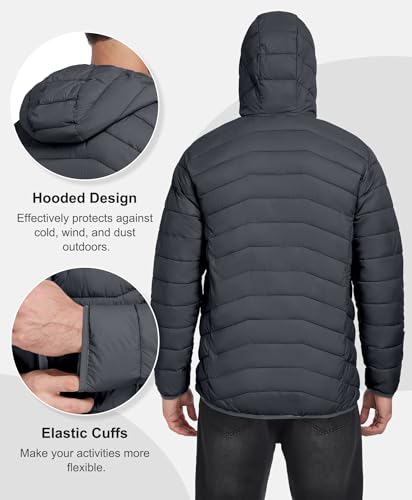Mapamyumco Men's Packable Puffer Jacket Lightweight Hooded Waterproof Windproof Winter Coat with Recycled Insulation (Gery S)