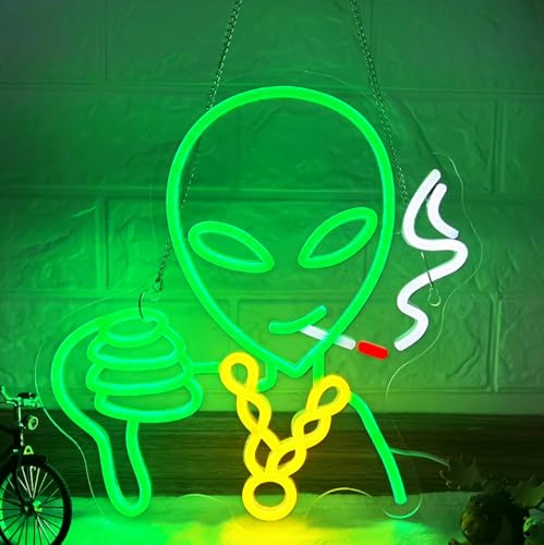 Image of Retro Alien Neon Sign for Wall - Dimmable RGB LED Art with USB Power, 12.7x13 Inch Man Cave Lighting, Gaming Room Decor, Alien Themed Party & Gifts for Men