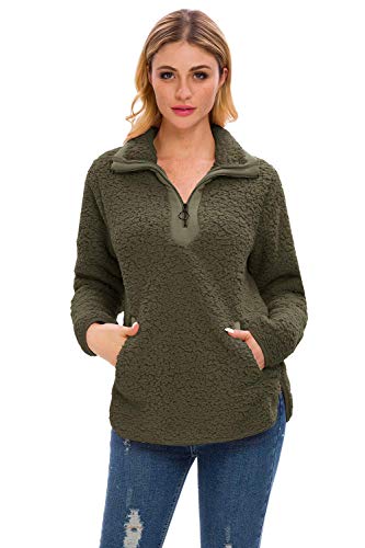 Lilly Posh Womens Fleece Sherpa Fuzzy Zipper Long Sleeve Loose Pullover Green