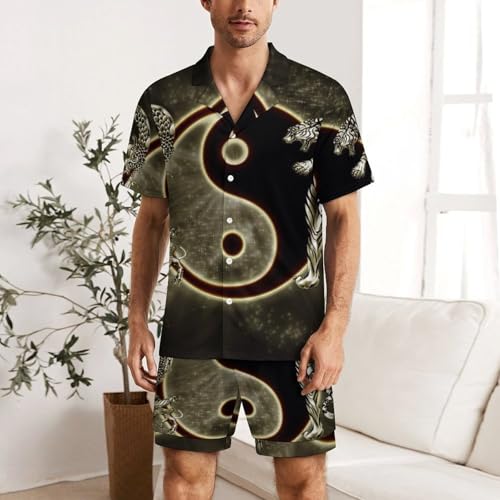 Men's Button-Down Pajama Sets Yin Yang Dragons Tiger Casual Short Sleeve Shirt And Shorts Suits Outfits2