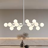 PiWWPi Glass Globe Sputnik Chandelier, 16-Light Mid Century Modern Light Fixture Over Table, Linear Chandeliers for Dining Room, Kitchen Island, Chrome and Milk White Bubble, 40 Inch, GC-02