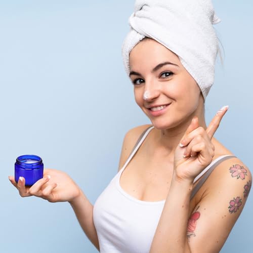 Image of Layhit 60 Pcs 2 oz Glass Jars with Lids Airtight Jars Bulk,Blue | Empty, Airtight, Leakproof, Reusable, Small Jar with Blank Labels & Liners Lids, Travel Jars for Cream, Lotions, Candle