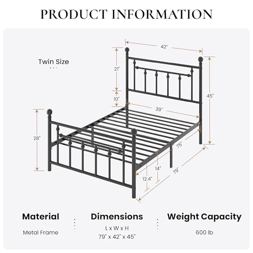 Image of SHA CERLIN 14 inch Twin Size Metal Platform Bed Frame /Victorian Headboard and Footboard /Steel Slats Mattress Foundation for Storage /No Box Spring Needed /Noise Free /Black
