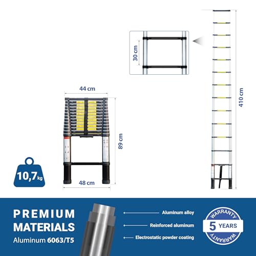 HOSTRÖM Telescoo14 Telescopic Ladder, Aluminium, Foldable, Extendable, Maximum Working Height 5 m, Standart EN131, 5 Year Warranty. - 5