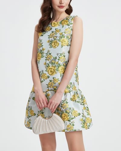 Women's Floral Jacquard Mini Dress Crewneck Sleeveless Open Back Ruffle Hem Cocktail Party Dress3