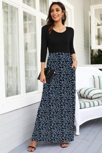 Image of WNEEDU Women's 3 /4 Sleeve Casual Loose Long Maxi Dresses with Pocket | Empire Elastic Waist, Crewneck, Floor Length, Soft Stretchy Flowy, Formal Dress, Wedding Wear, Solid Color and Prints