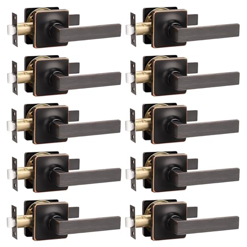 GOBEKOR 10 Pack Oil Rubbed Bronze Passage Lever Handles Square Door Levers for Hallway Closet Door Handles Keyless Straight Lever Door Handles