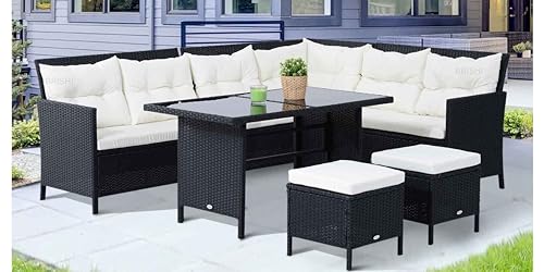 Image of Amazon Brand - Solimo Solara Outdoor 8 Seater Sofa Set | Balcony Sofa | Patio Furniture Sets | Conversation Sets | Wicker | Garden | Balcony | (Black-White.)