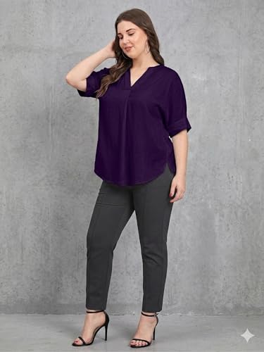 Image of SINDOORI Relaxed Fit Tops for Women Plus Size Solid Printed Mandarin Collar, Band Collar, V-Neck Top, Half Sleeve Loose Fit