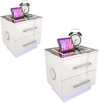 2 Piece Set LED Nightstand, Smart Nightstand Modern Design End Table Auto LED Nightstand with Wireless Charging Station & USB Ports Bluetooth Speaker Side Table, White