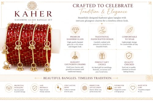 Image of Kaher Kashmiri Glass Bangle with gunghro Set for Women| Traditional, Fancy Glass Chudi Set for Festival, Wedding, and Party (Set Of 16)