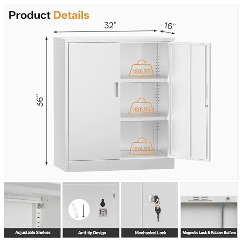 Image of Metal Garage Storage Cabinets,36 inch Steel File Cabinet with 2 Adjustable Shelves, Lockable Storage Cabinets for Office, Home, Garage, Warehouse 36 inch H x 32 inch W x 16 inch D (White)