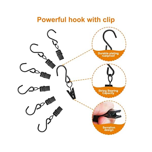 40 pcs curtain clips with s hooks for outdoor string lights, this stainless steel s hooks with clips also work clips, rv awning light clips and gutter light clips (black) - image 3