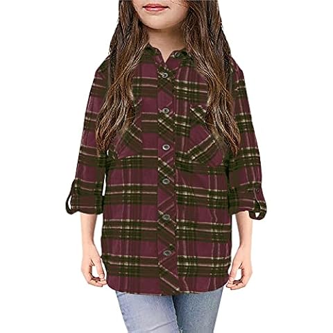 Girls Plaid Button Down Casual Shirts Kids Rolled Up Long Sleeve Collared Flannel Blouses, Purple, 5-6 years Cover