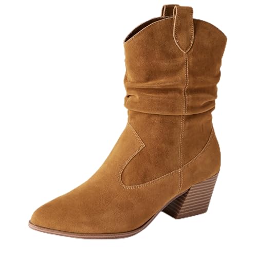 Amazon Essentials Women's Mid Calf Western Fashion Boots with Side Zip, Tan, 9 by Amazon Essentials - Used condition - US$26.94