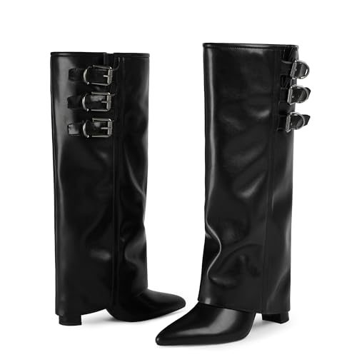 Image of Knee High Boots Women Fold Over Boots Chunky Heel Pointed Toe Tall Boots | Fashion Slouchy Boots,Side Zipper Shark Boots,Fall Spring Winter Fashion Dress Tall Boots,Evening Bridal office Long Boots