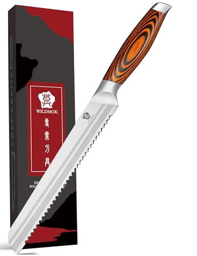 WILDMOK Couteau à pain professionnel de 20,4 cm - Lame dentelée - Manche en bois et couteau de scie en acier inoxydable allemand extra tranchant