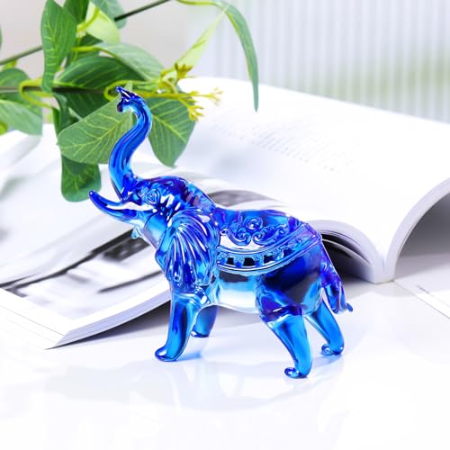 Image of YWHL Blue Crystal Elephant Figurine Gifts for Women & Men, Glass Elephant Statue for Home & Office Decor, Handmade Art Animals Collectible