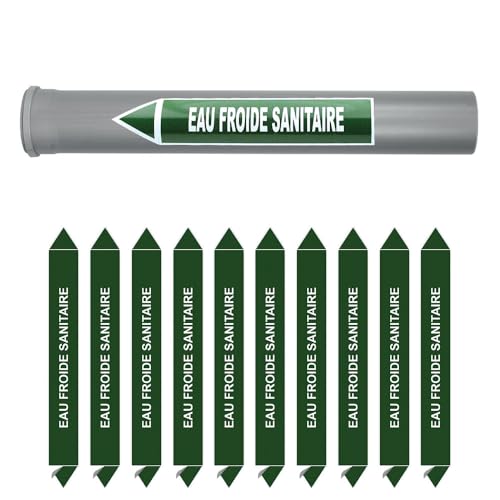 Aluplex Signalétique - Planche de 10 marqueurs de tuyauterie EAU (Ø DM 32 à 60) pour fluide EAU FROIDE SANITAIRE / 200 x 26mm