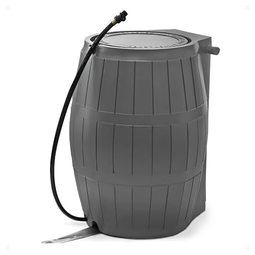 FCMP Outdoor Raincatcher 4000, Flat-Back Rain Water Barrel, 50-Gallon, Gray - Rainwater Collection Storage Container w Side Spigots, Mesh Screen, Garden and Overflow Hose & Linking Kit
