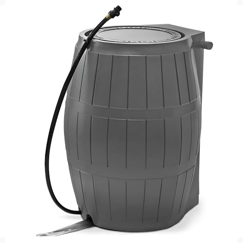 FCMP Outdoor Raincatcher 4000 Rain Barrel, Flat-Back Rainwater Catcher with Spigots, 50 Gallon, Grey - Portable Water Storage Container Tank for Home, Garden, and Backyard