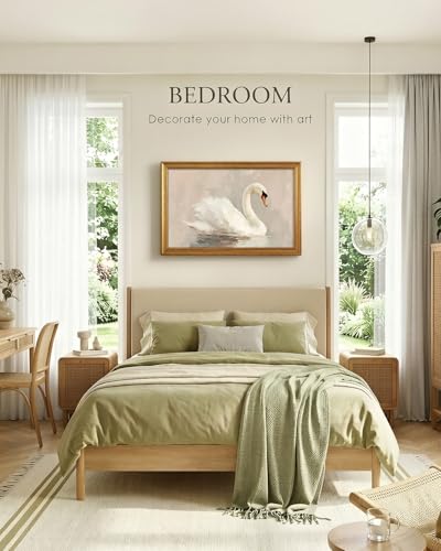 Image of HUARCEY Gold Framed Vintage Wall Art for Living Room, Animals Painting Prints Shelf Decor for Kitchen, Aesthetic Bedroom Wall Art, Best Gifts for Friends or Family - Swan White 36L x 24W
