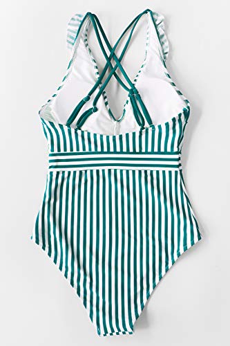 Cupshe Women's Green Stripe V Neck One Piece Swimsuit Ruffled Back Cross Swimwear, M #TOP11