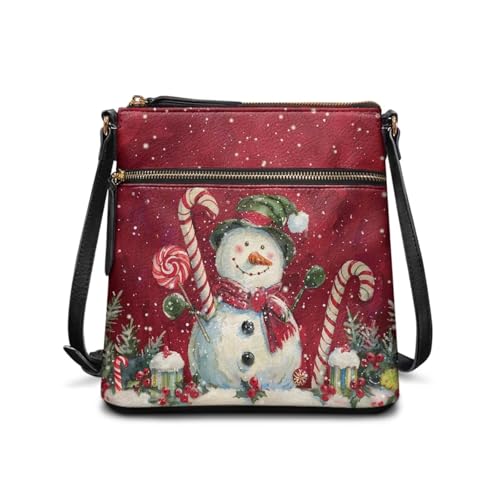 YUVAMAGIMO Women's Crossbody Handbags Snowman Candy Cane Small Leather Shoulder Bags for Women Christmas Purses with Zipper 2025 Sling Crossbody Bag for Work Travel Daily Use