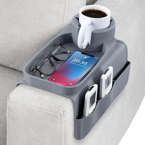 ChimimeDecor Couch Cup Holder Tray with Dual Side Pockets, Silicone Sofa Cup Holder,Phone,Control,Cups,Flexible and Foldable, BPA-Free, Grey