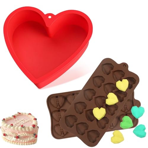 NCOALE 3 Stück Silikon Backform Herz, Silikon Herzbackform Tortenform Herzform set mit 2 Stück 15-Kavität Silikonformen für Herzkuchen Pudding Schichtkuch