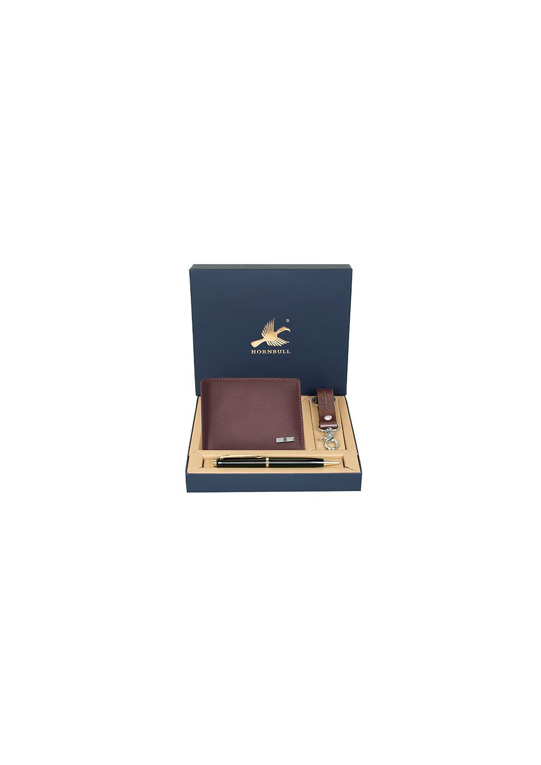 HORNBULL Maddison Brown Mens Leather Wallet, Keyring & Pen Combo Gift Set for Men | Valentine's Day Gift for Men