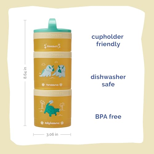 Image of Whiskware Dinosaur Stackable Snack Containers for Babies, Kids, and Toddlers, 3 Stackable Snack Cups for School or Travel, Cupholder Friendly, Blue /Yellow