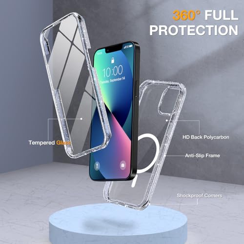 Image of Miracase for iPhone 13 Case 6.1'', [Bubble Free] Full-Body Bumper Phone case with Built-in Full Glass Screen,No Gap,Compatible with MagSafe,Drop Proof 13 Cover,Clear Glitter