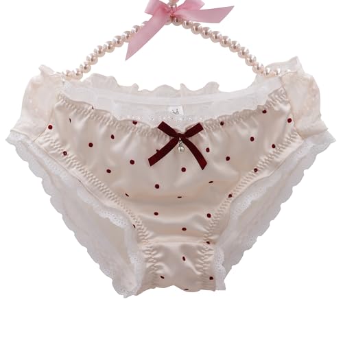 EasyTalk Women's Knickers Cute Silk Panties With bow Lace Soft Breathable Stretch Frilly Knickers for Women Ladies Full Briefs Seamless Underwear Sissy Panties (UK, Alpha, L, Regular, Regular, Beige)